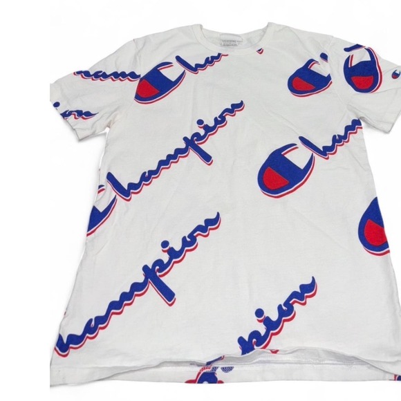 Champion All Over Logo Script Print T Shirt White Blue Red Small - Picture 2 of 7